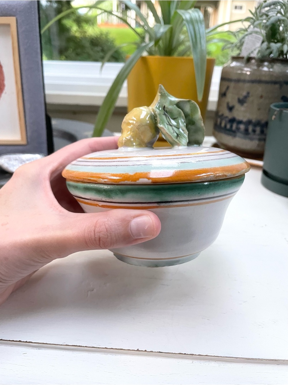 Italian Made Ceramic Lidded Trinket Jar with Lemon Finial - Green & Orange